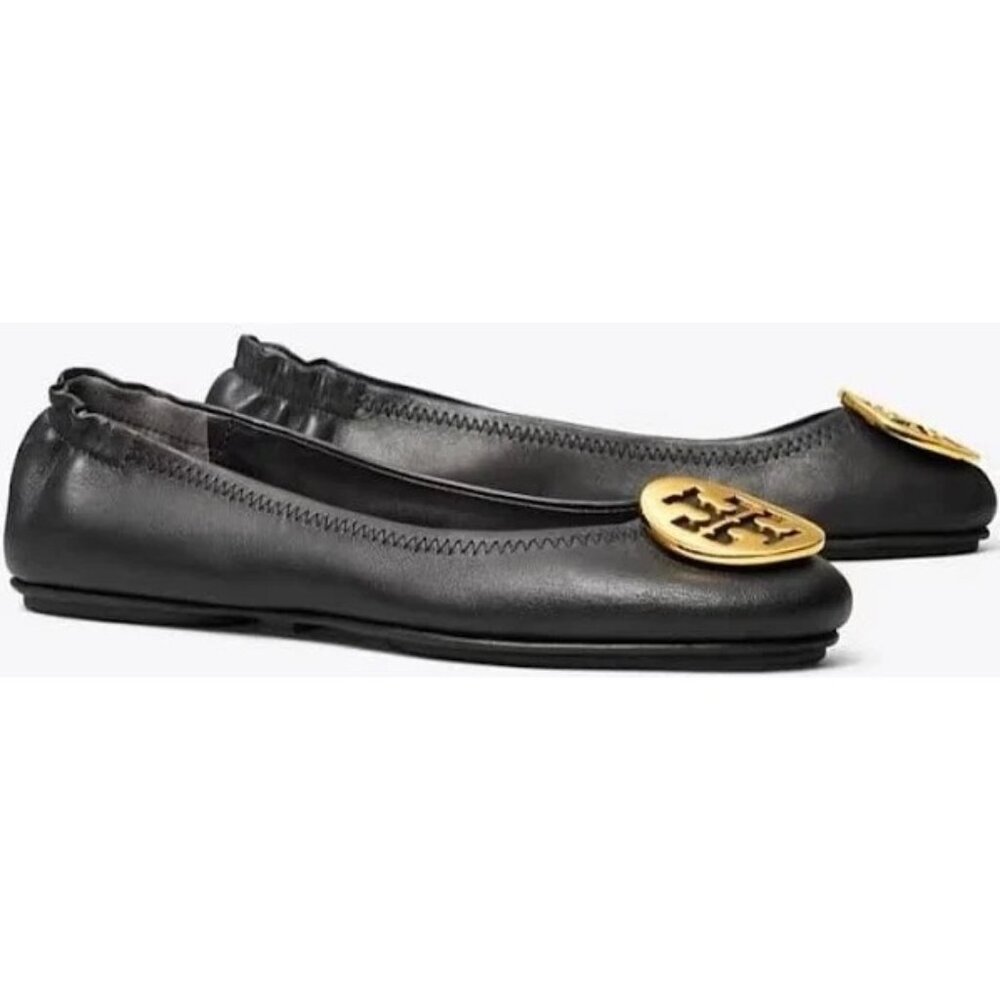 πTORY BURCH Claire Ballet Flats Shoes Logo Black 7 - Picture 2 of 16